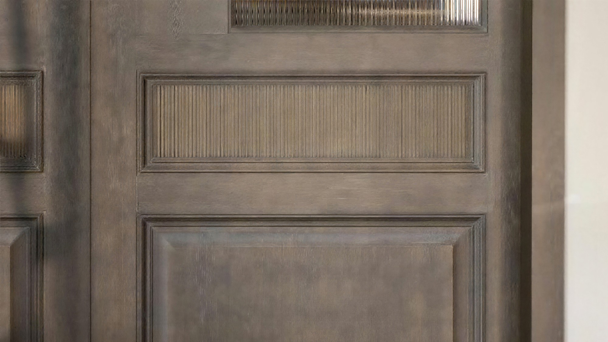 Arched double door with reeded glass and classic panels — close-up of the details