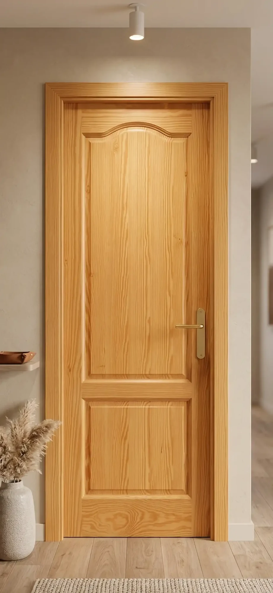Pine door with two raised panels, cathedral top