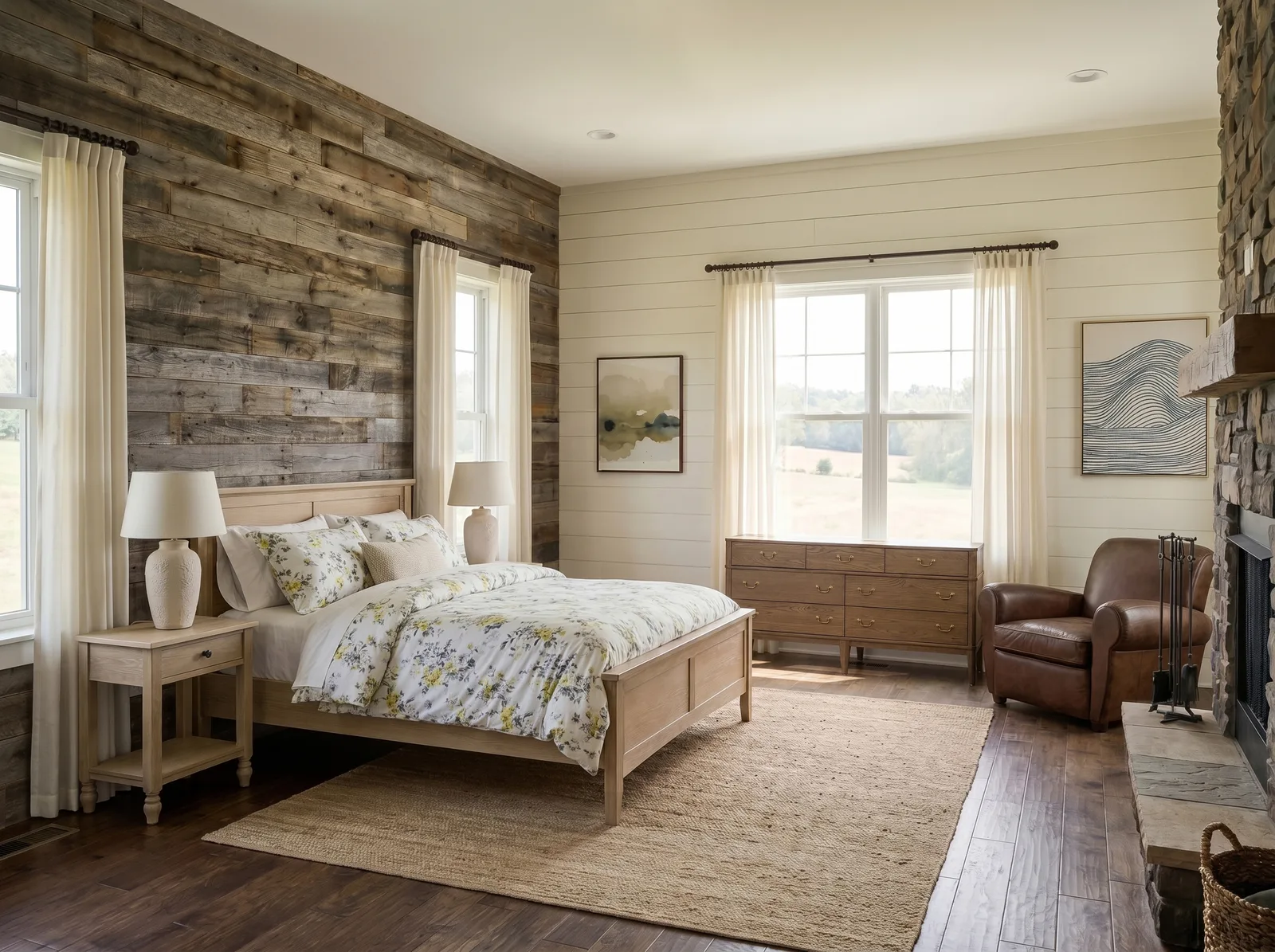 The same bedroom furnished photorealistically with real products