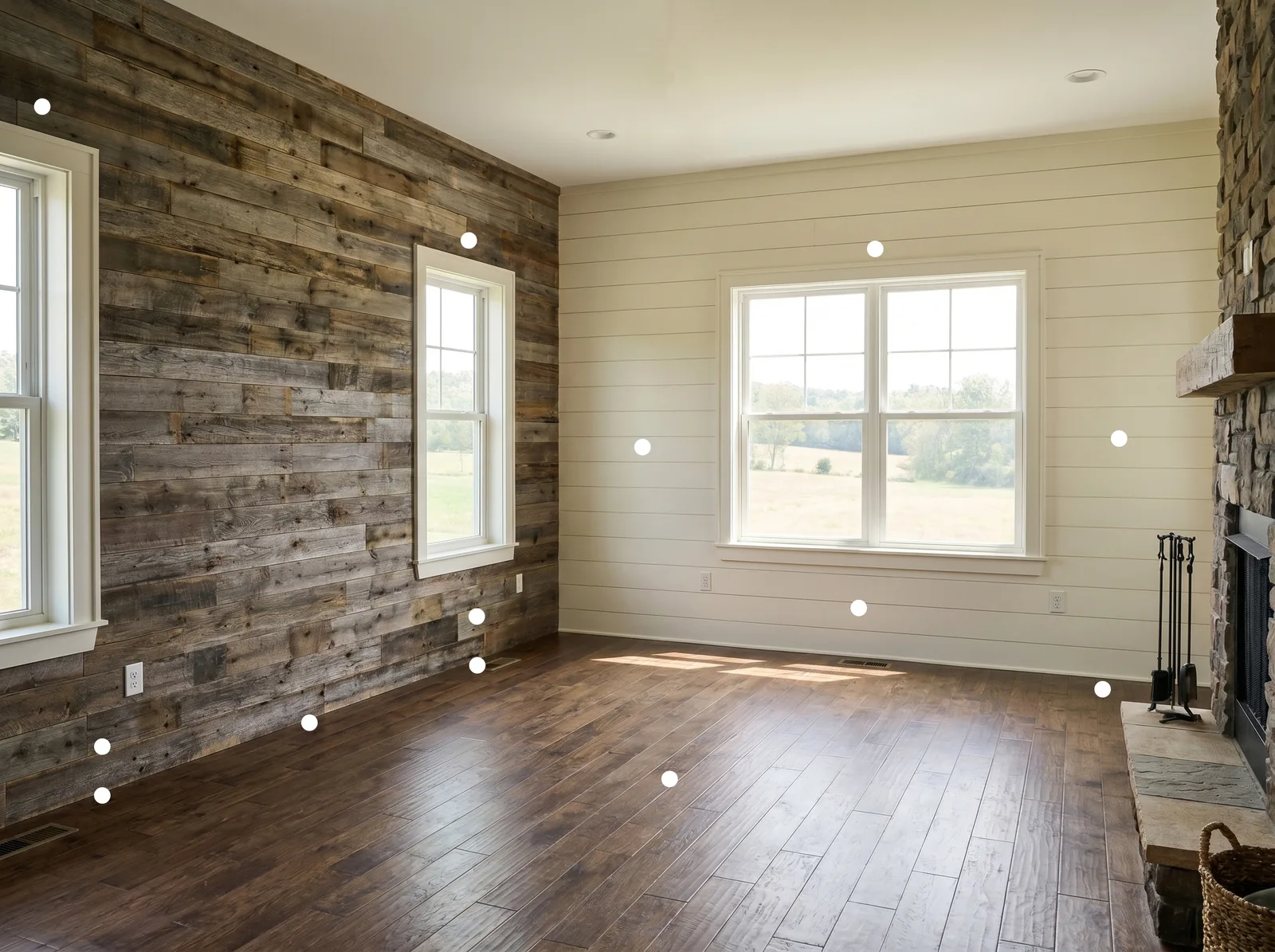 A real bedroom photo with markers showing where each piece of furniture should go