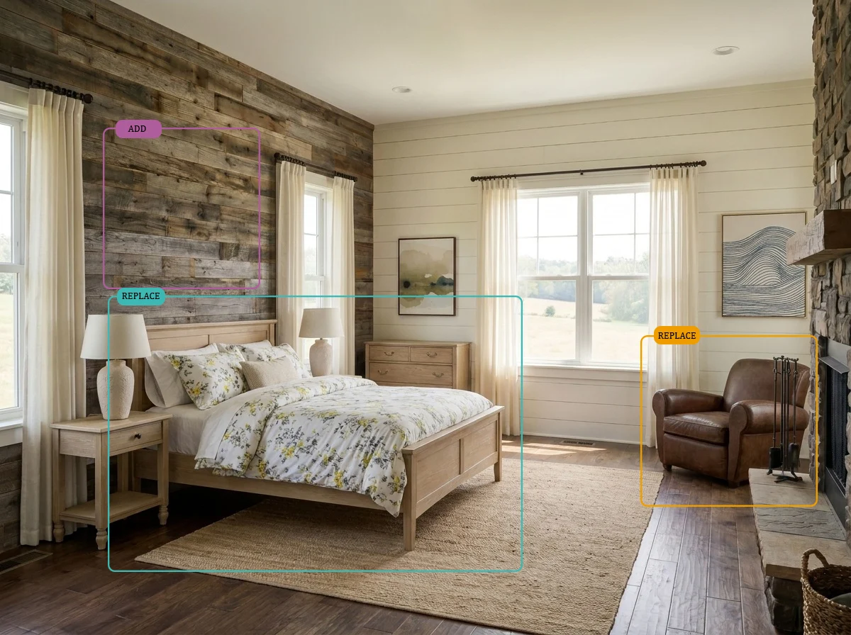 Furnished bedroom with boxes over the pieces to replace