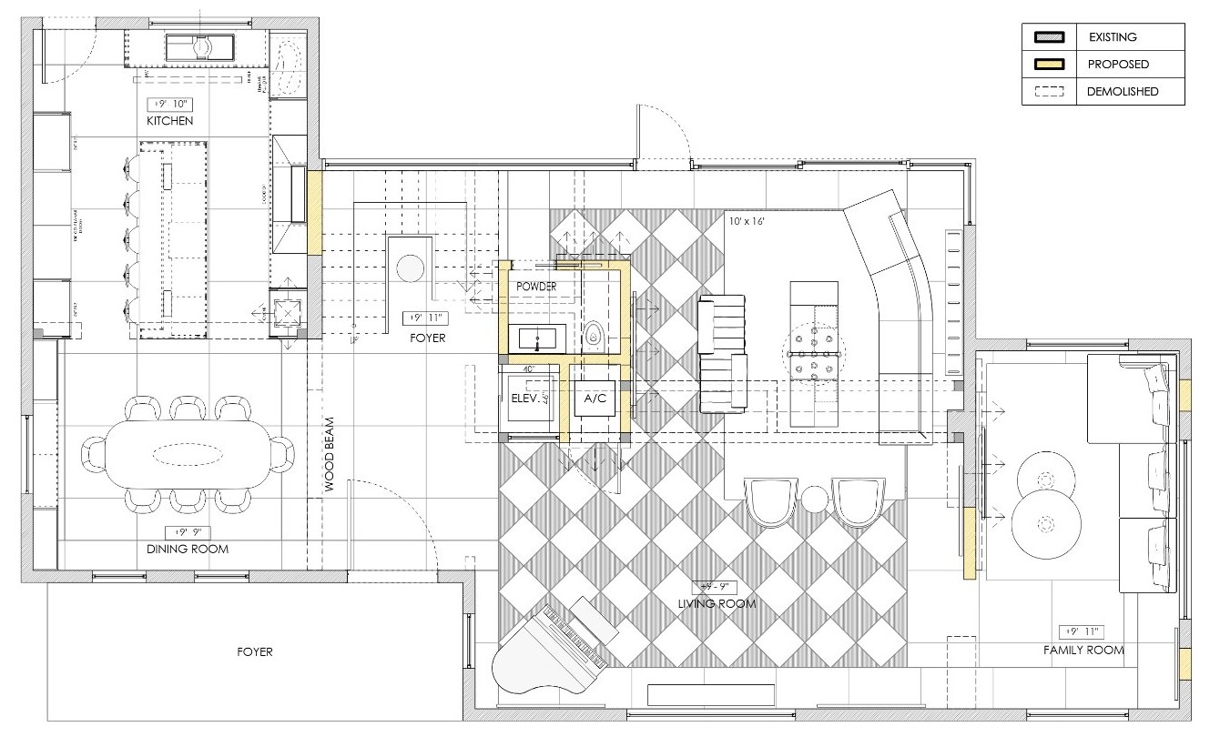 2D furnished floor plan of a house, with the living room, dining room, kitchen and family room