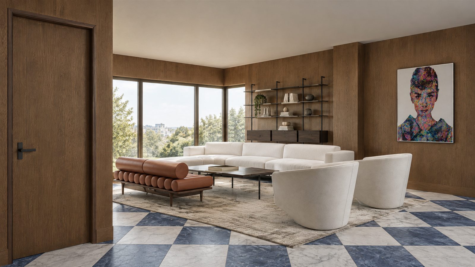 Photorealistic living room render generated from a 2D floor plan: white sectional sofa, leather bench, two swivel chairs, open shelving, wood-panelled walls and a blue and white checkerboard marble floor