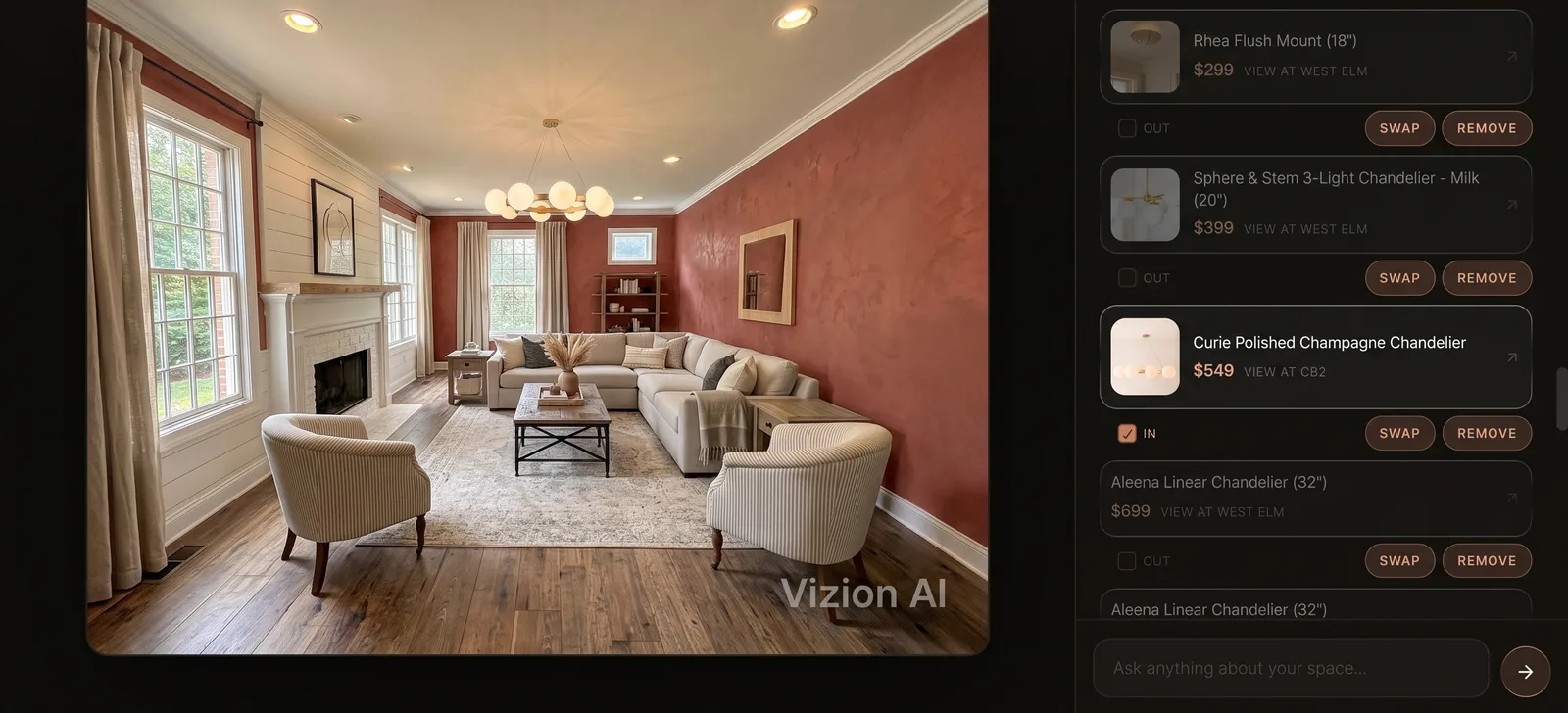 Vizion Studio showing a living room next to a list of real furniture products with prices, each with swap and remove controls