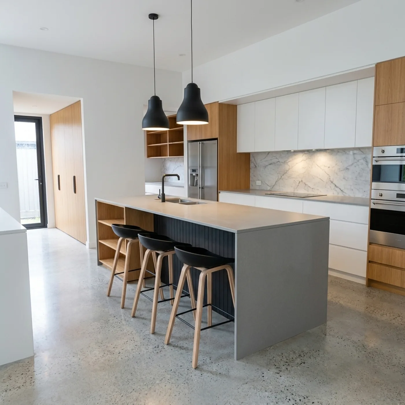 The same interior finished photorealistically, with realistic lighting and materials